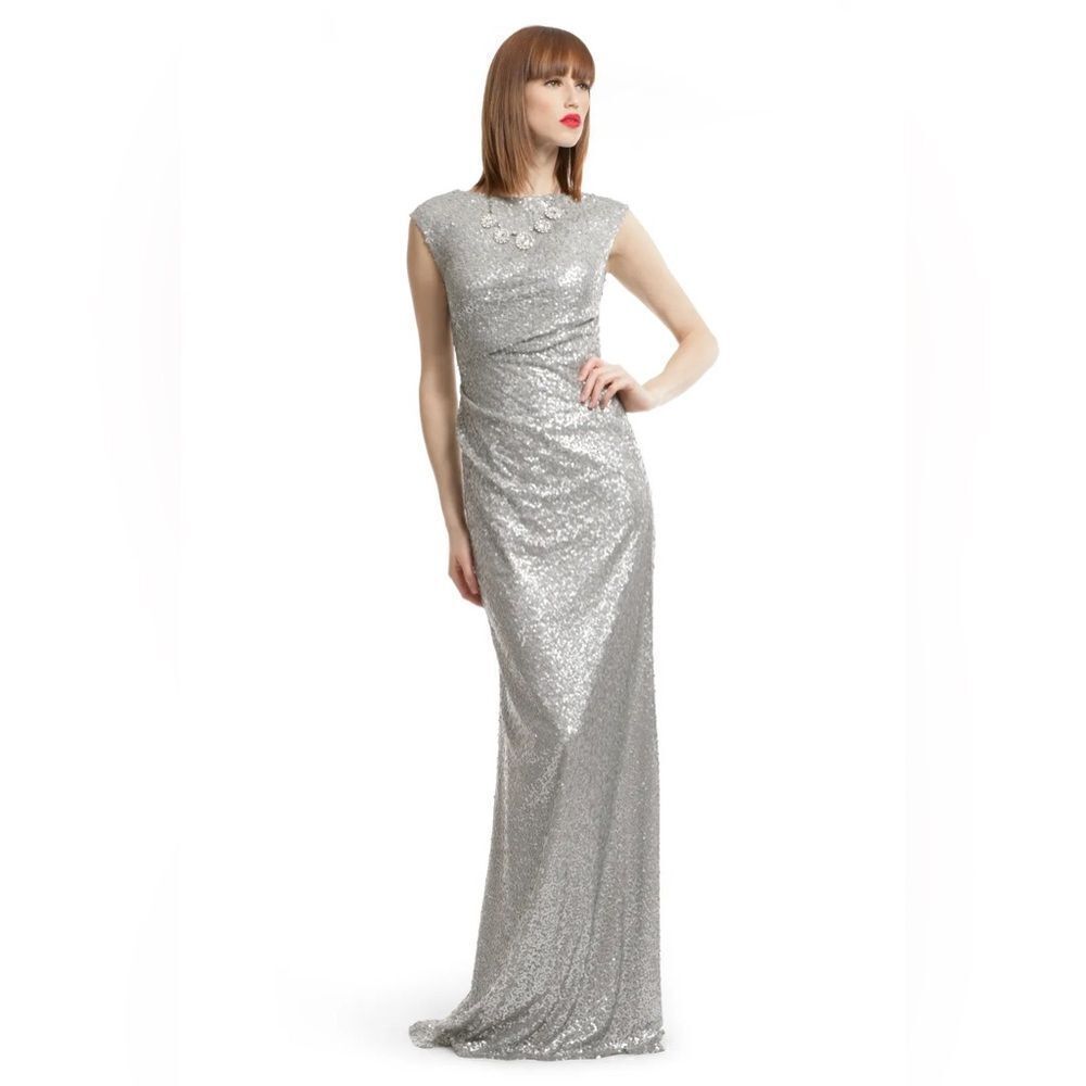 David Meister Metallic Silver Sequin Long Gown. Size 2.
